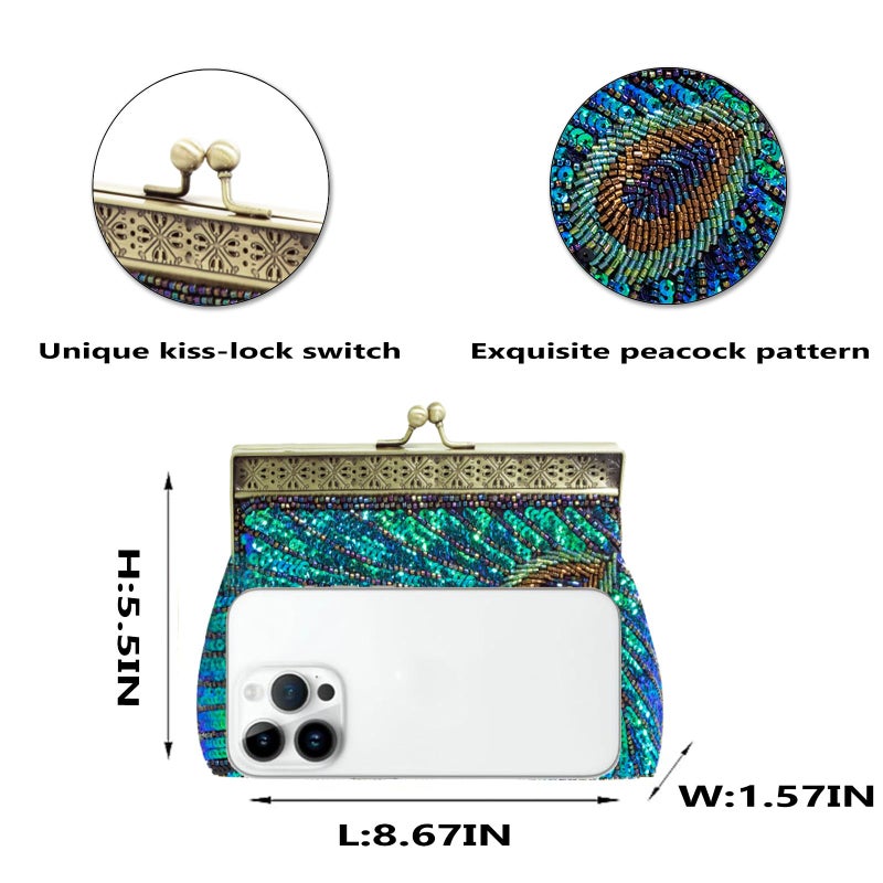 VISTATROY Peacock Clutch Beaded Sequin Vintage Evening Handbag 1920s Party Wedding Purse - Image 2